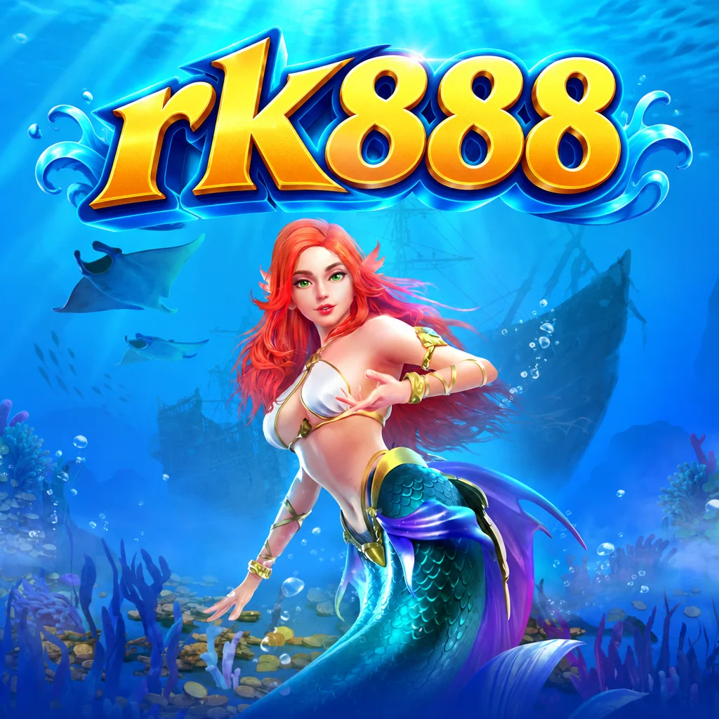 rk888 Mermaid Riches menampilkan putri duyung berambut merah di kedalaman laut dengan kapal karam